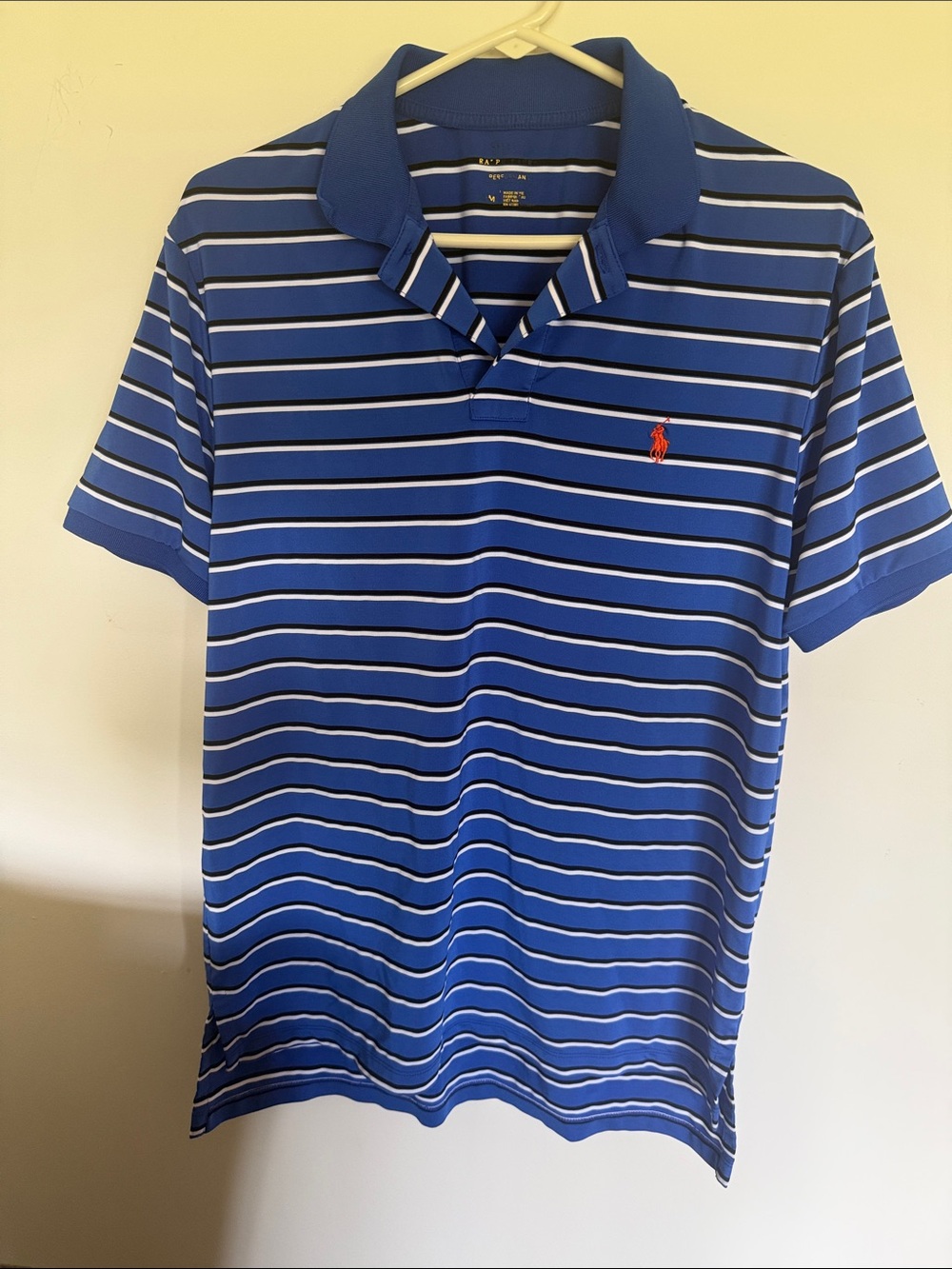 Men's Ralph Lauren Polo Blue Striped Performance with Contrast Logo in Orange